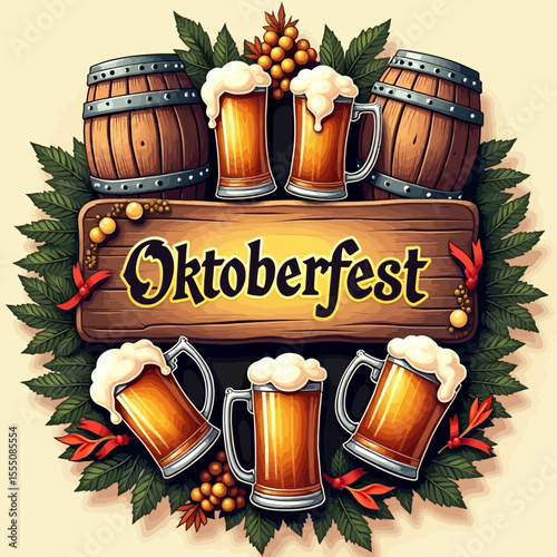 Oktoberfest vector with beer mugs, wooden barrels, hops and leaves in festive celebration composition.