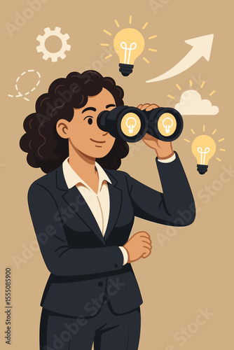 Businesswoman looking through binoculars for new ideas and opportunities. Business vision, strategy, and foresight concept. Female leader searching for innovation and growth vector.
