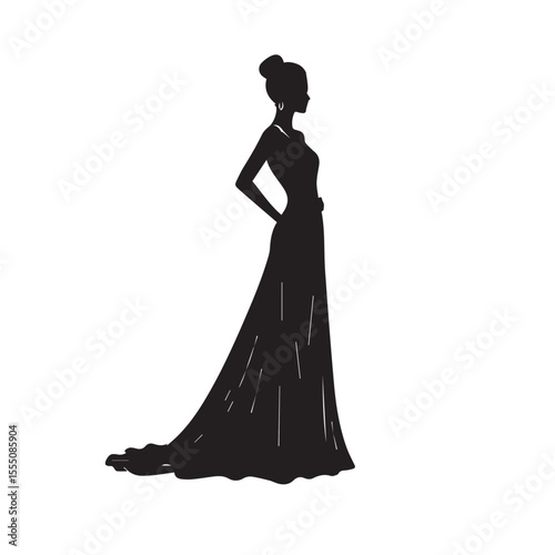 A graceful black silhouette of a woman in a flowing evening gown, long train behind her, hair in a bun, standing in a confident runway pose, isolated on white background.