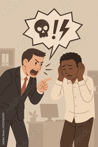 Workplace bullying and racism concept. Angry boss shouting, verbally abusing black employee. Toxic work environment, discrimination, harassment, and conflict vector illustration.
