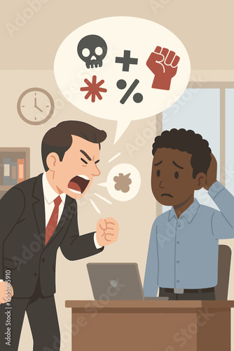 Angry boss yelling with hate speech symbols at a sad employee. Concept of workplace racism, discrimination, harassment, verbal abuse, toxic environment, and power abuse.