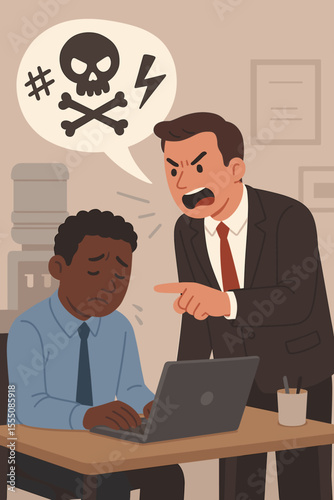 Aggressive boss shouts at sad employee. Workplace bullying, harassment, and racism concept. Angry manager yelling with hate speech bubble. Toxic work environment and abuse of power.