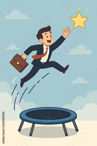 Ambitious businessman jumping on a trampoline to reach for a star. Business success metaphor. Concept for career growth, achieving goals, motivation, and professional aspiration.