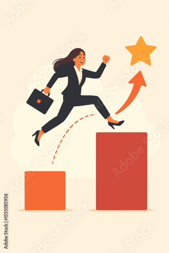 Businesswoman leaping for career growth and success. Ambitious woman jumping on graph bars towards a star. Concept for achievement, progress, promotion, and reaching goals. Vector.