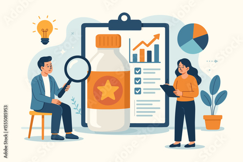 Business team analyzing product prototype. Market research and new product development concept. Data analysis, quality control, strategy and innovation for a successful launch.