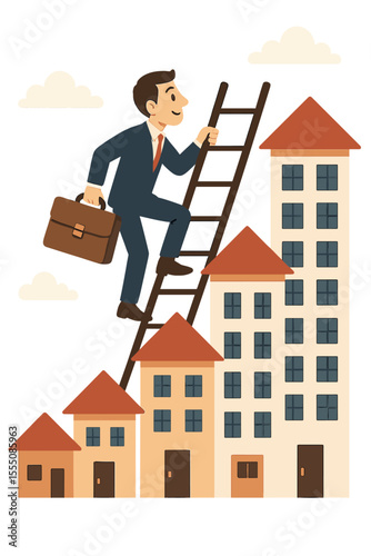 Real estate investment concept. Businessman climbing property ladder representing market growth. Investor success metaphor with houses as chart. Career ambition, housing prosperity.