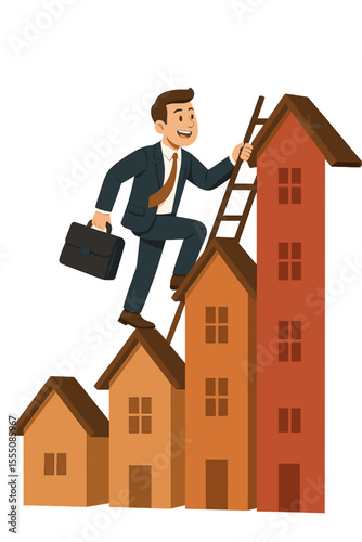Real estate investment and housing market growth vector concept. Businessman climbing the property ladder on houses shaped like a rising bar chart. Metaphor for career success.