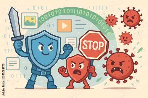 Cybersecurity cartoon concept. Antivirus shield with sword and ad-blocker with stop sign fighting angry computer viruses. Digital data protection, firewall defense, and network security.
