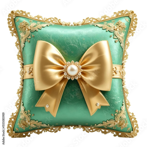 Luxurious Green Pillow With Intricate Gold Floral Embroidery And Edging. Large Golden Bow With Central Pearl Adds Elegance And Regal Touch.eps