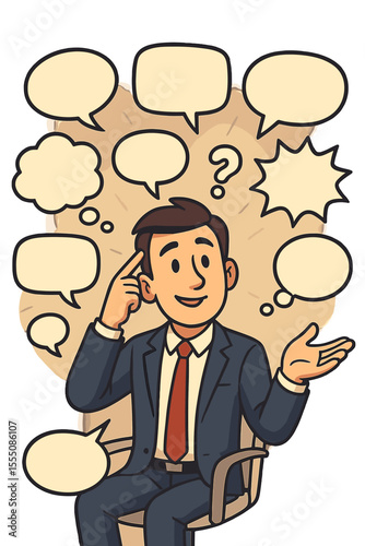 Creative problem solving concept with a businessman thinking. Cartoon character manager surrounded by empty speech and thought bubbles for brainstorming, ideas, Q&A, and communication.