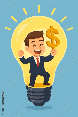 Successful businessman inside glowing light bulb holding dollar sign, concept of creative idea generating profit, innovation, entrepreneurship, financial success, cartoon vector illustration