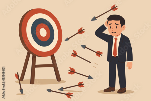 Business failure concept, arrows missing target, businessman learning from mistakes, challenge metaphor, missed opportunities, risk management, perseverance, cartoon vector illustration