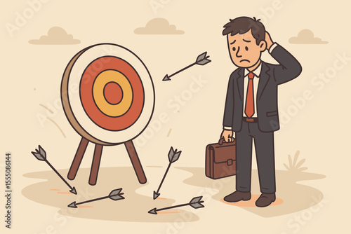 Business challenge failure metaphor. Cartoon businessman with briefcase misses target. Multiple arrows fail to hit bullseye. Concept of learning from mistakes, career obstacles, goal achievement.