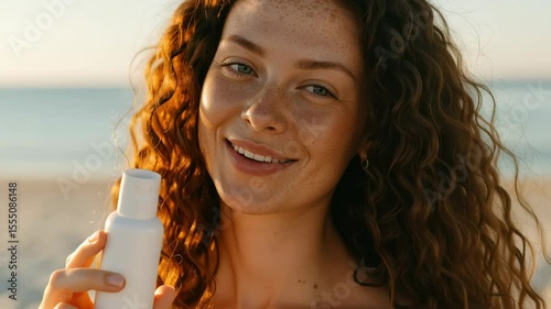 young woman with curly hair holding a white skincare bottle, smiling at sunset on the beach, promoting beauty and self-care product for healthy skin