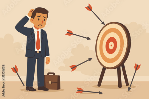 Business challenge metaphor. Confused businessman missing target. Arrows fail to hit bullseye. Concept of failure, mistake, learning, problem solving, career obstacles, goals, risk, perseverance.