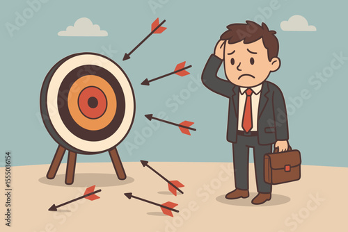 Business failure concept, missed targets, unsuccessful attempts. Cartoon businessman with arrows missing bullseye, learning from mistakes, challenge metaphor, problem solving, growth mindset