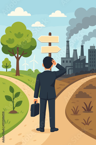 Businessman at Crossroads Choosing Between Green Sustainable Future and Industrial Pollution Path, Environmental Decision Concept, Eco Friendly Versus Industrial Growth Vector Illustration