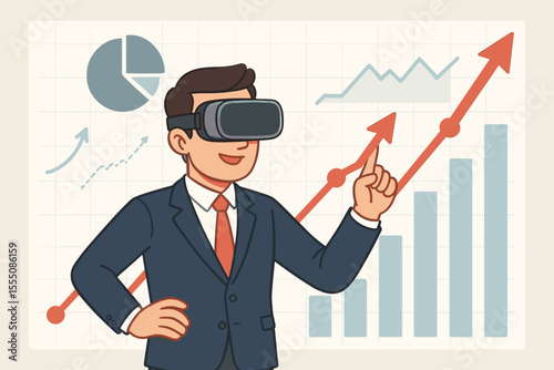 Businessman using virtual reality headset analyzing financial growth chart. Futuristic business analytics, data visualization, rising profits, technology innovation, investment strategy concept vector