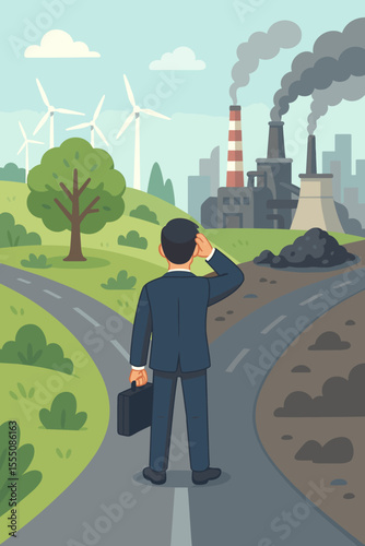 Businessman at Crossroads Choosing Between Green Renewable Energy and Polluting Industry. Decision Making, Sustainability vs Pollution, Eco Friendly Future, Environmental Impact, Vector Illustration
