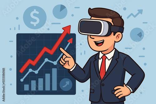 Businessman in Suit Using Virtual Reality Headset Analyzing Rising Financial Graph, Growth Chart, Data Analytics, Investment Success, Technology in Finance, Digital Economy Vector Illustration