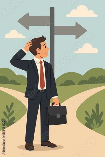 Confused businessman at crossroads choosing career path, decision making concept, business direction dilemma, professional uncertainty, leadership challenge, vector cartoon illustration