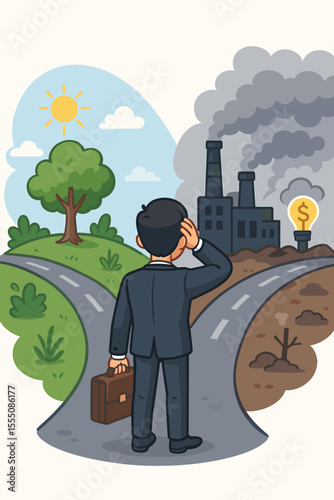 Businessman at Crossroads Choosing Between Sustainable Green Future and Industrial Pollution Path. Environmental Decision Making, Ethical Dilemma, Economic Choice, Business Vector Illustration