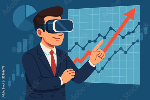 Businessman in Suit Using Virtual Reality Headset Analyzing Financial Growth Chart, Data Visualization, Stock Market Trends, Investment Success, Technology in Finance, Vector Illustration
