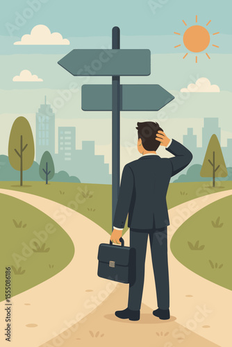 Businessman standing at crossroads choosing career path, decision making concept, professional direction, opportunity, business choices, uncertainty, success, vector illustration, no text