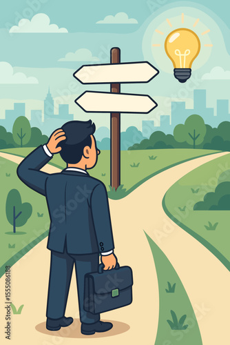 Businessman decision crossroads concept. Career choice, direction, opportunity, leadership. Confused man in suit with briefcase at path sign, lightbulb idea, city park. Vector illustration