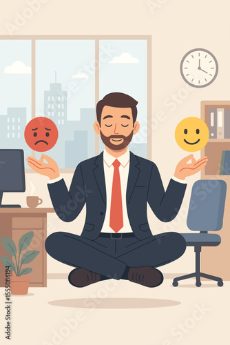 Businessman practicing mindfulness and emotional balance at work. Office stress management, mood control, mental health, meditation, positive and negative emotions, corporate wellness vector