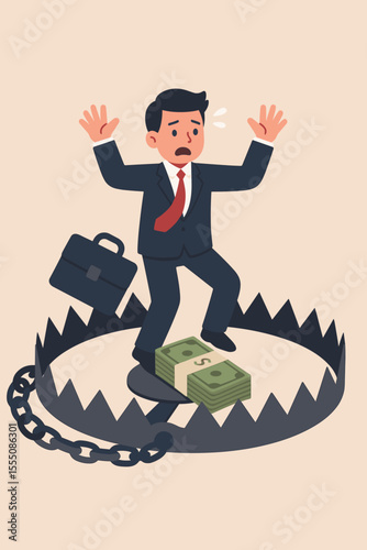 Businessman trapped in bear trap with money, financial risk, debt danger, business failure, economic crisis, investment loss, bankruptcy metaphor, stress, cartoon vector illustration