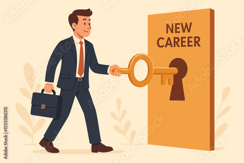 Businessman unlocking new career opportunities with key, symbolizing professional growth, success, job change, ambition, leadership, opportunity, business development, vector illustration