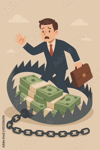 Businessman trapped by money in bear trap. Financial risk, debt danger, greed, business failure, economic crisis, investment loss, bankruptcy, caution, metaphor concept. Vector illustration.