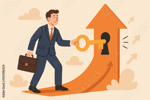 Businessman holding golden key unlocking success, career growth, opportunity, professional development, leadership, motivation, achievement, upward arrow, business vector illustration