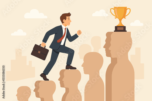 Ambitious businessman climbing human head steps toward golden trophy, symbolizing career success, leadership, achievement, business growth, competition, ambition, teamwork, and overcoming challenges