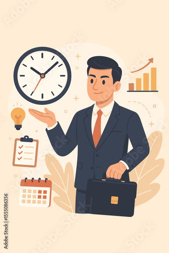 Businessman time management productivity concept. Office worker with clock, briefcase, checklist, calendar, growth chart. Professional planning, organization, efficiency, success vector illustration