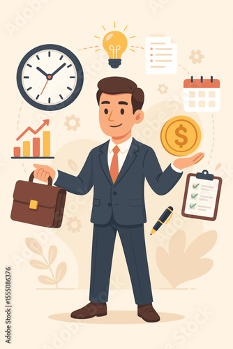 Businessman time management productivity success. Office worker multitasking with briefcase, clock, calendar, checklist, coin, growth chart, lightbulb. Professional business strategy concept vector