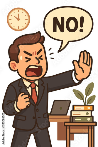 Angry businessman shouting NO in speech bubble, rejecting request, setting boundaries, learning to refuse, assertiveness, time management, stress control, office cartoon vector illustration