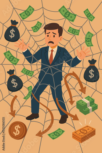 Businessman trapped in web of financial crime, money laundering, corruption, illegal cash flow, bribery, fraud, embezzlement, economic crime, dirty money, corporate greed, vector illustration