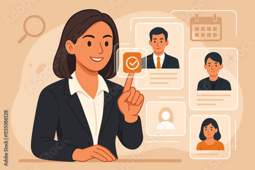 Human resources manager selecting candidate for job interview. Recruitment process, hiring decision, talent acquisition, employee selection, HR professional, businesswoman, digital interface