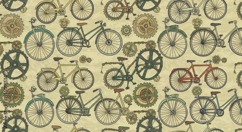 Vintage Bicycle Seamless Pattern with Gears and Chains