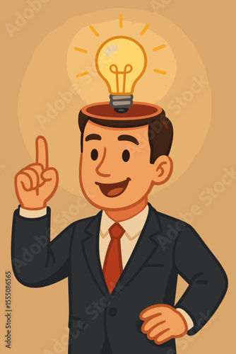 Businessman cartoon with lightbulb in open head, symbolizing creativity, innovation, business ideas, creative thinking, inspiration, solution, leadership, brainstorming, vector illustration