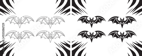 Flying Bat Silhouette and Outline Set for Halloween Designs