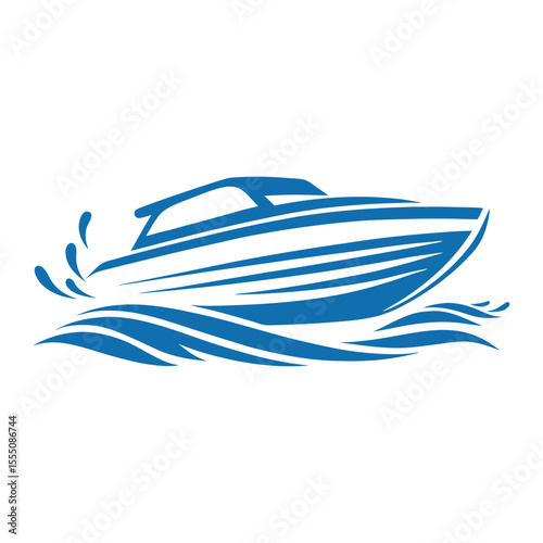 Blue speedboat sailing through stylized waves water