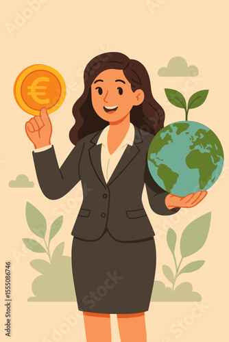 Businesswoman in Suit Holding Euro Coin and Green Earth Globe with Leaf. Sustainable Finance, Eco Investment, Environmental Responsibility, Climate Change, Corporate Social Responsibility Concept