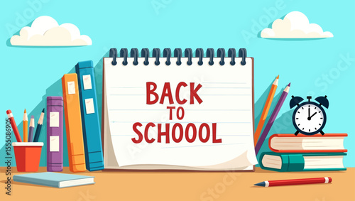 Colorful back to school design with books, alarm clock, and spiral notebook, perfect for banners and education promotions.