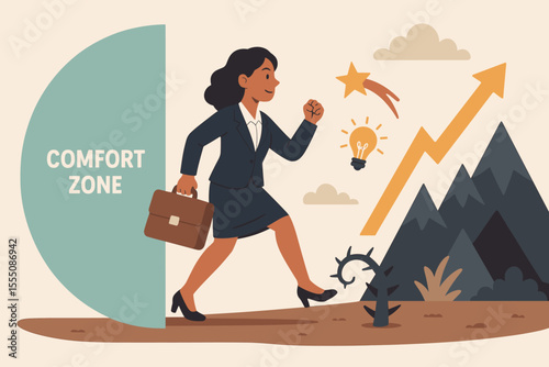 Ambitious businesswoman leaving comfort zone, overcoming obstacles, embracing challenges, career growth, innovation, success, professional development, motivation, vector illustration