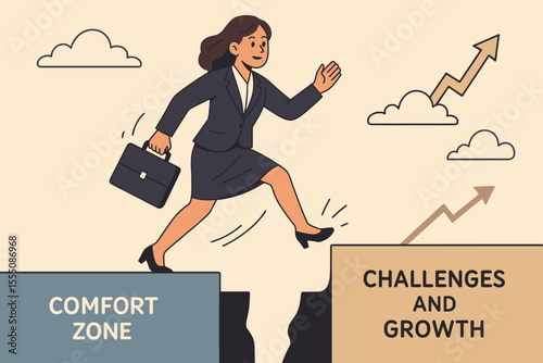 Ambitious businesswoman leaping from comfort zone to challenges and growth, career development, overcoming obstacles, success concept, professional progress, vector illustration, motivation