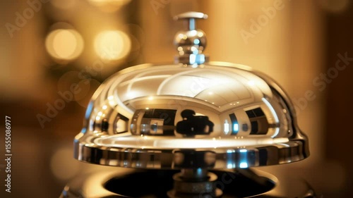 close-up of a shiny reception bell on a polished counter with a blurred background showcasing a warm, inviting hotel lobby atmosphere, emphasizing hospitality and service