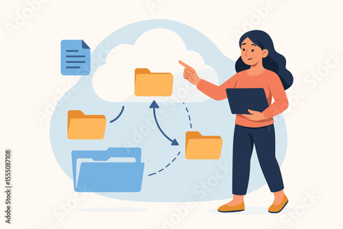 Businesswoman using laptop cloud computing data storage file sharing concept. Digital document management, online backup, cloud folder transfer, remote work, technology workflow vector illustration